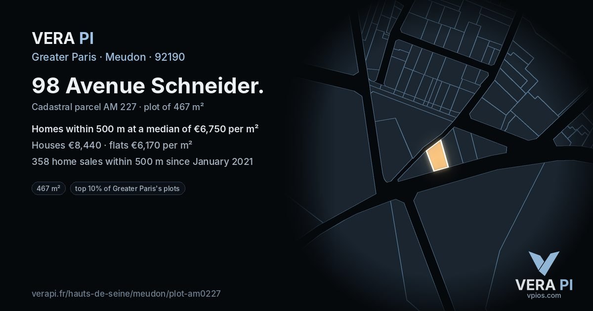 98 Avenue Schneider, Meudon at night – the plot lit, the parcels around coloured by the prices near them