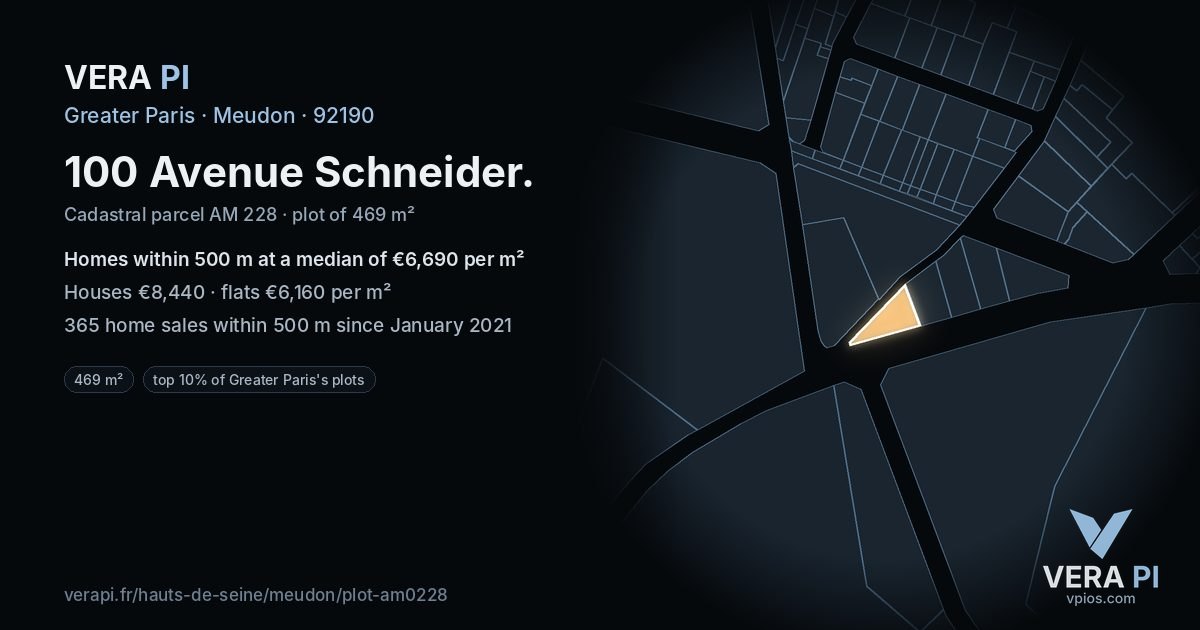 100 Avenue Schneider, Meudon at night – the plot lit, the parcels around coloured by the prices near them