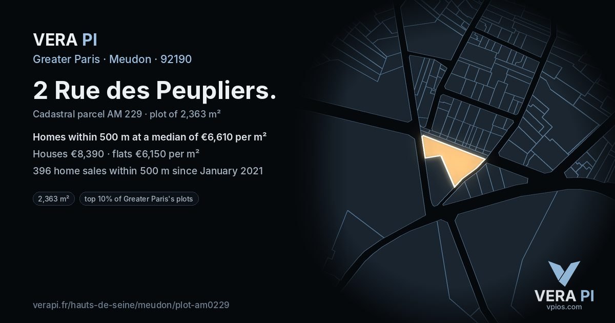 2 Rue des Peupliers, Meudon at night – the plot lit, the parcels around coloured by the prices near them