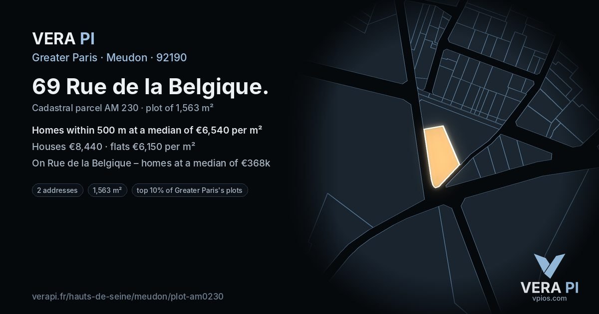 69 Rue de la Belgique, Meudon at night – the plot lit, the parcels around coloured by the prices near them