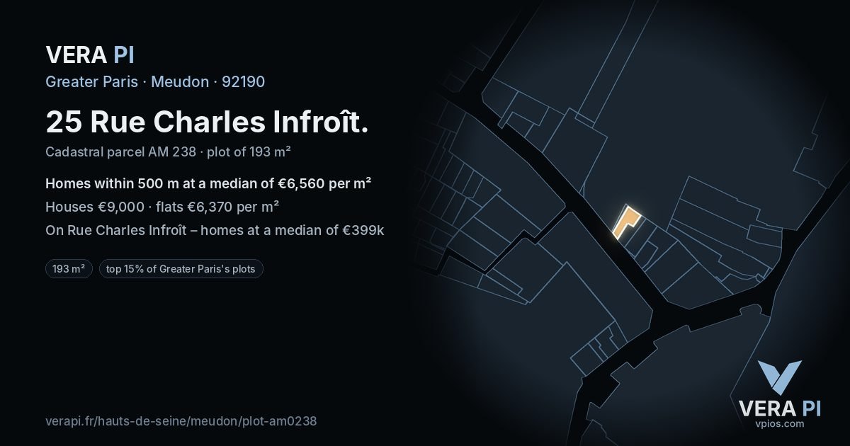 25 Rue Charles Infroît, Meudon at night – the plot lit, the parcels around coloured by the prices near them