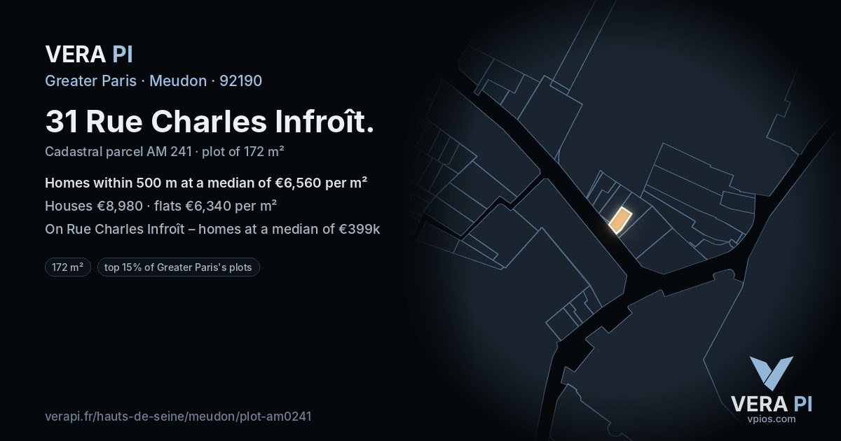 31 Rue Charles Infroît, Meudon at night – the plot lit, the parcels around coloured by the prices near them