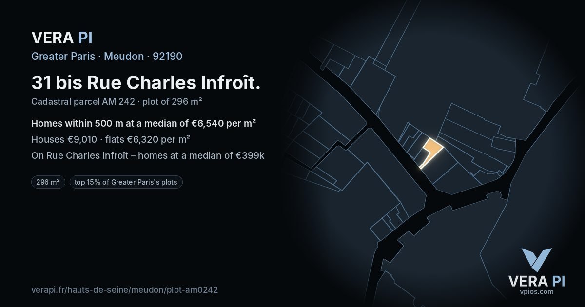 31 bis Rue Charles Infroît, Meudon at night – the plot lit, the parcels around coloured by the prices near them
