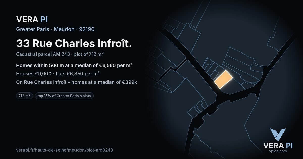 33 Rue Charles Infroît, Meudon at night – the plot lit, the parcels around coloured by the prices near them