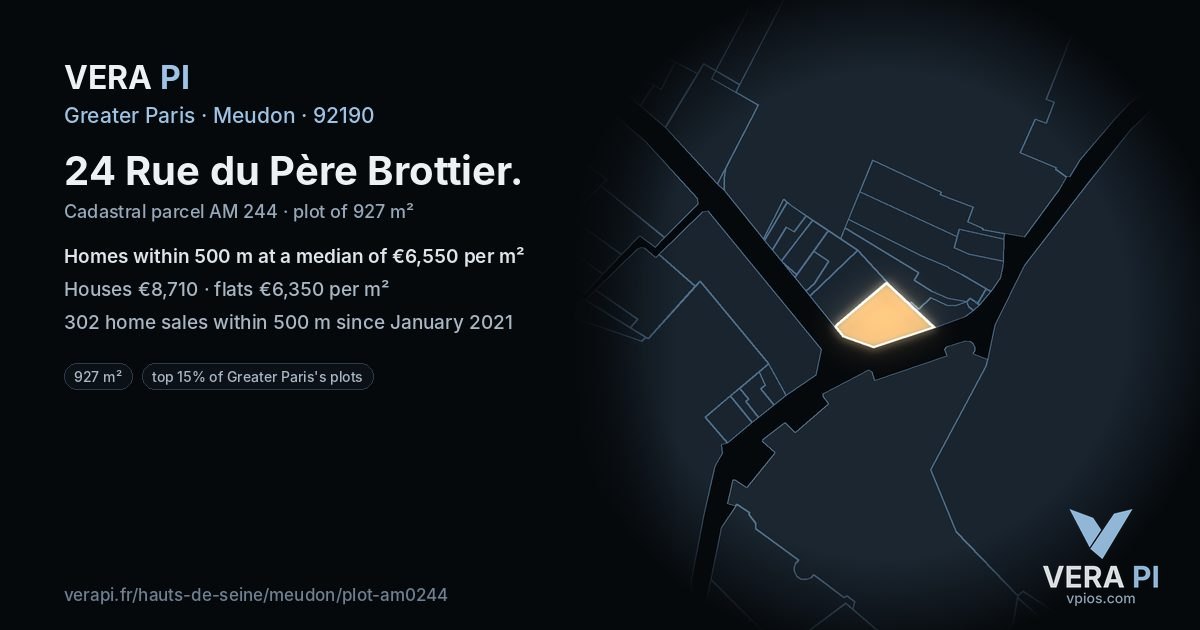 24 Rue du Père Brottier, Meudon at night – the plot lit, the parcels around coloured by the prices near them