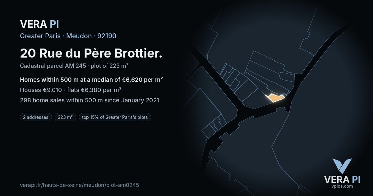 20 Rue du Père Brottier, Meudon at night – the plot lit, the parcels around coloured by the prices near them