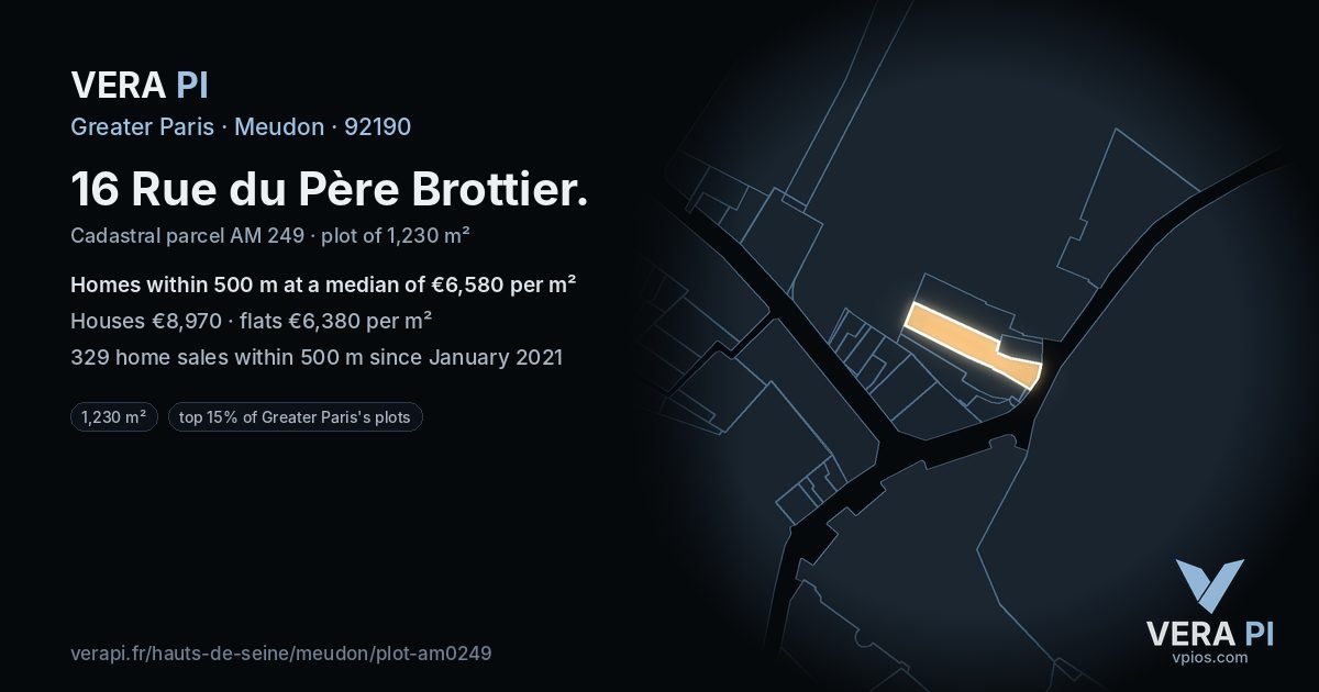 16 Rue du Père Brottier, Meudon at night – the plot lit, the parcels around coloured by the prices near them