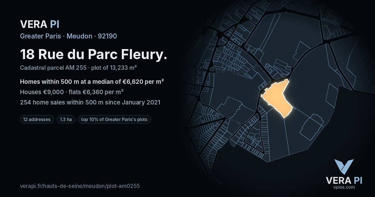 18 Rue du Parc Fleury, Meudon at night – the plot lit, the parcels around coloured by the prices near them