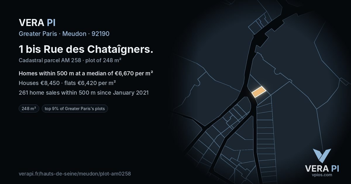 1 bis Rue des Chataîgners, Meudon at night – the plot lit, the parcels around coloured by the prices near them