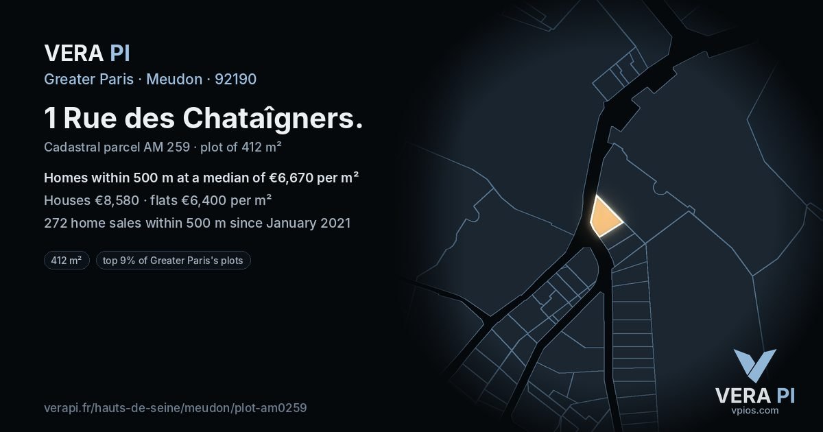 1 Rue des Chataîgners, Meudon at night – the plot lit, the parcels around coloured by the prices near them