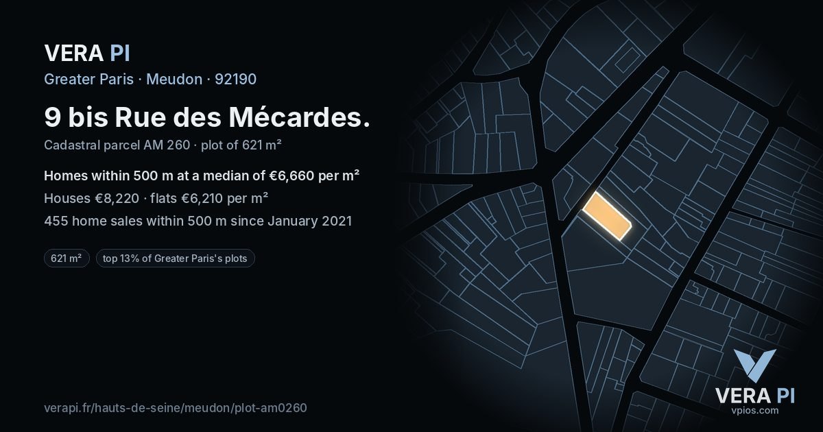 9 bis Rue des Mécardes, Meudon at night – the plot lit, the parcels around coloured by the prices near them