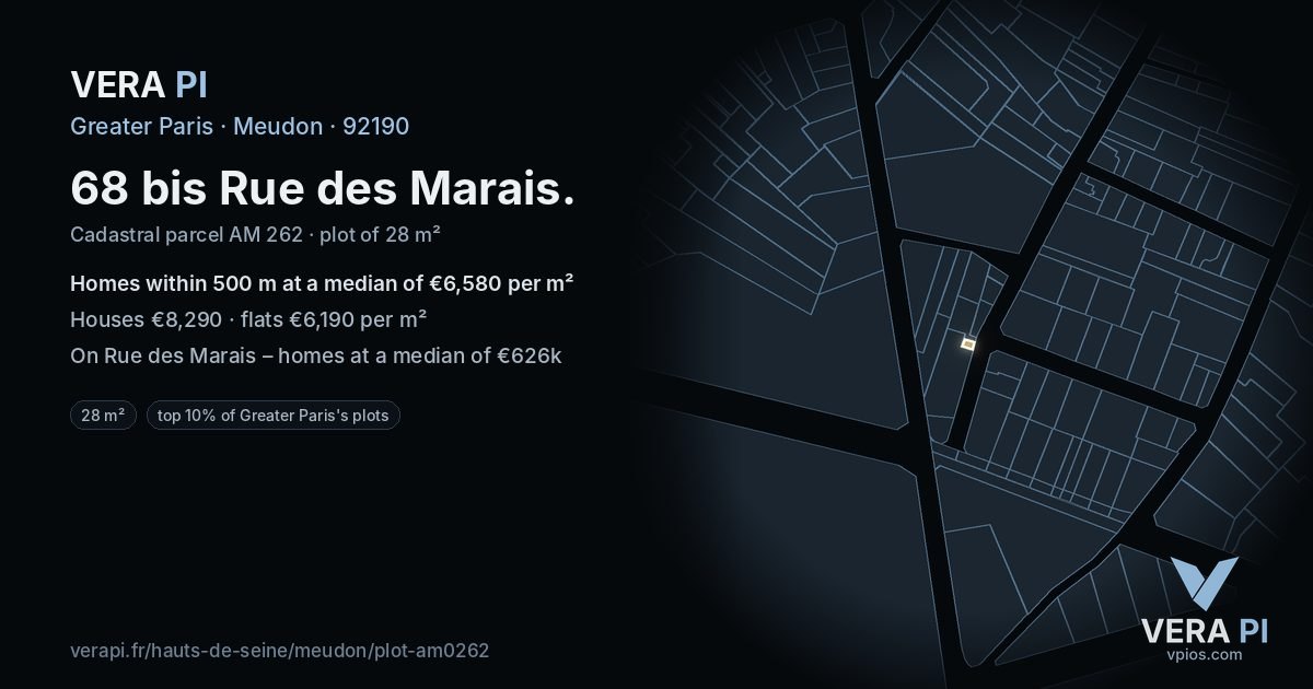 68 bis Rue des Marais, Meudon at night – the plot lit, the parcels around coloured by the prices near them