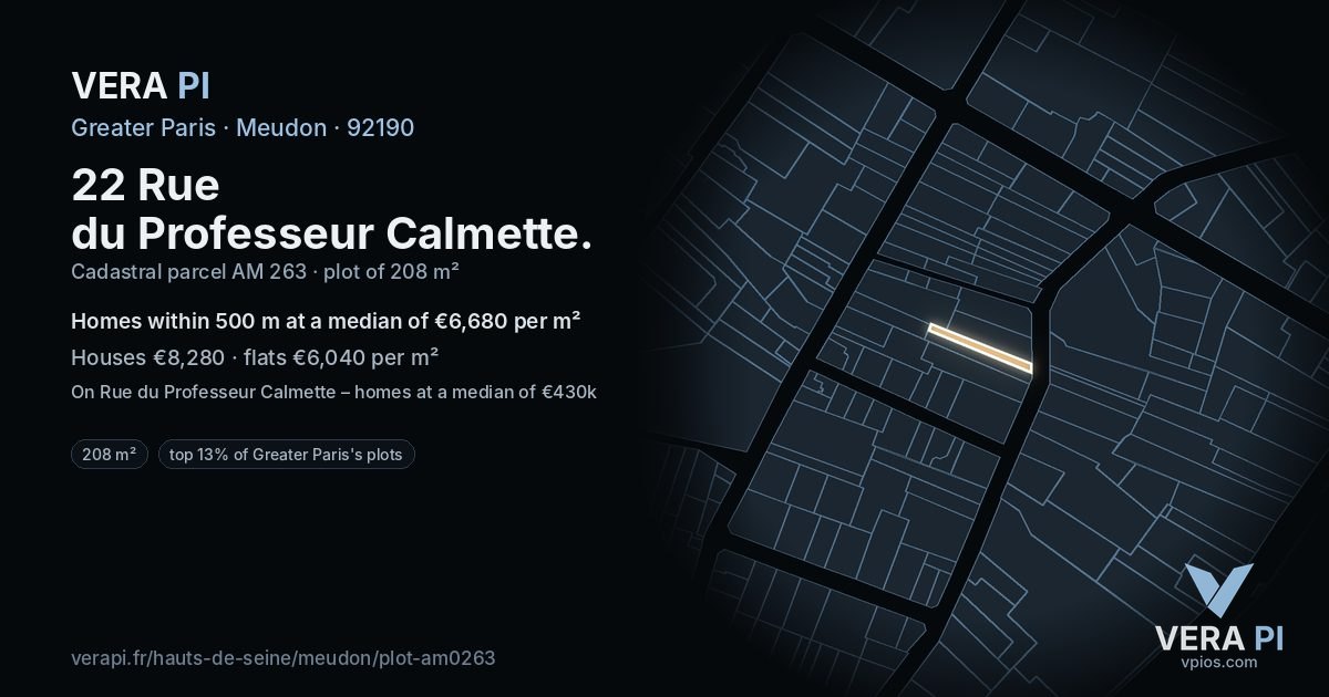 22 Rue du Professeur Calmette, Meudon at night – the plot lit, the parcels around coloured by the prices near them