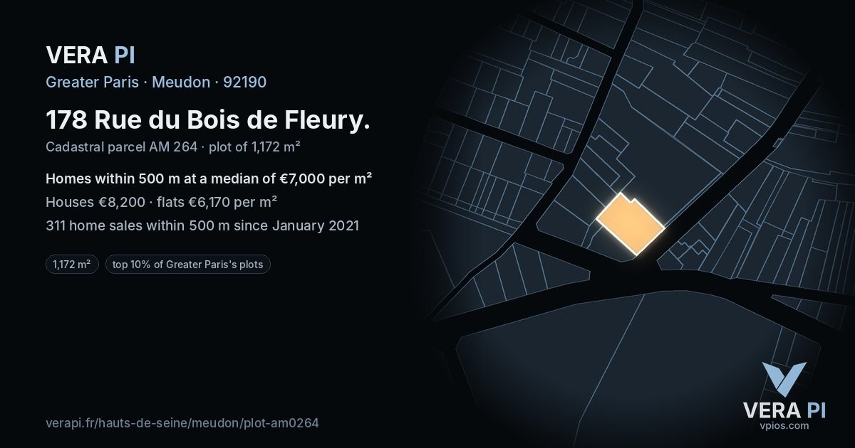 178 Rue du Bois de Fleury, Meudon at night – the plot lit, the parcels around coloured by the prices near them