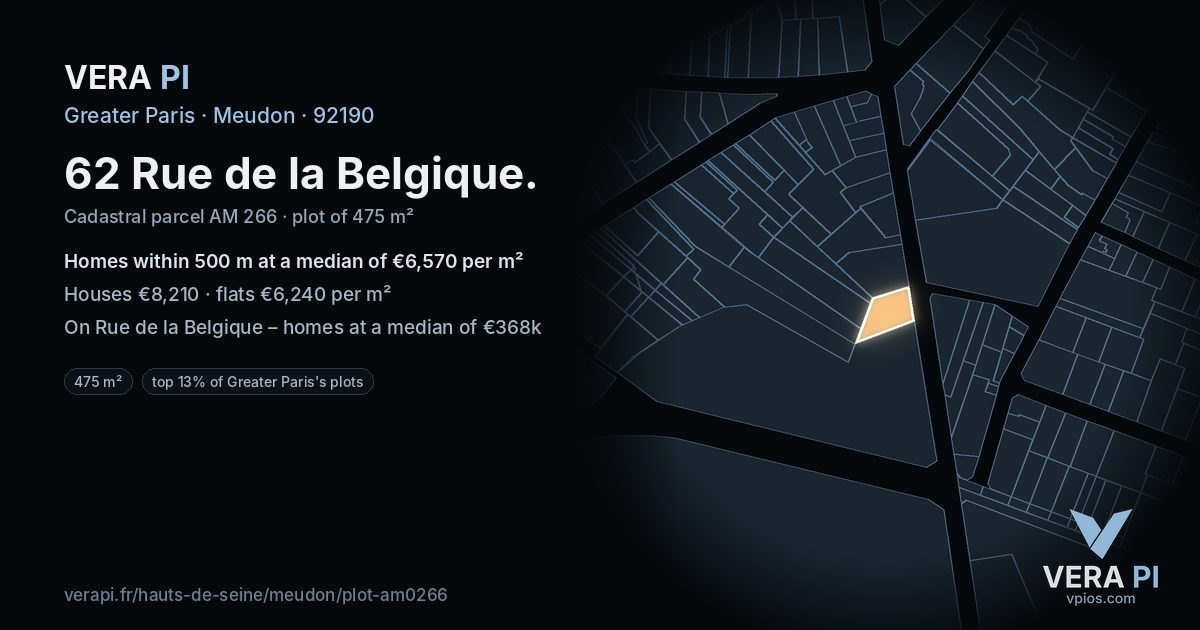 62 Rue de la Belgique, Meudon at night – the plot lit, the parcels around coloured by the prices near them