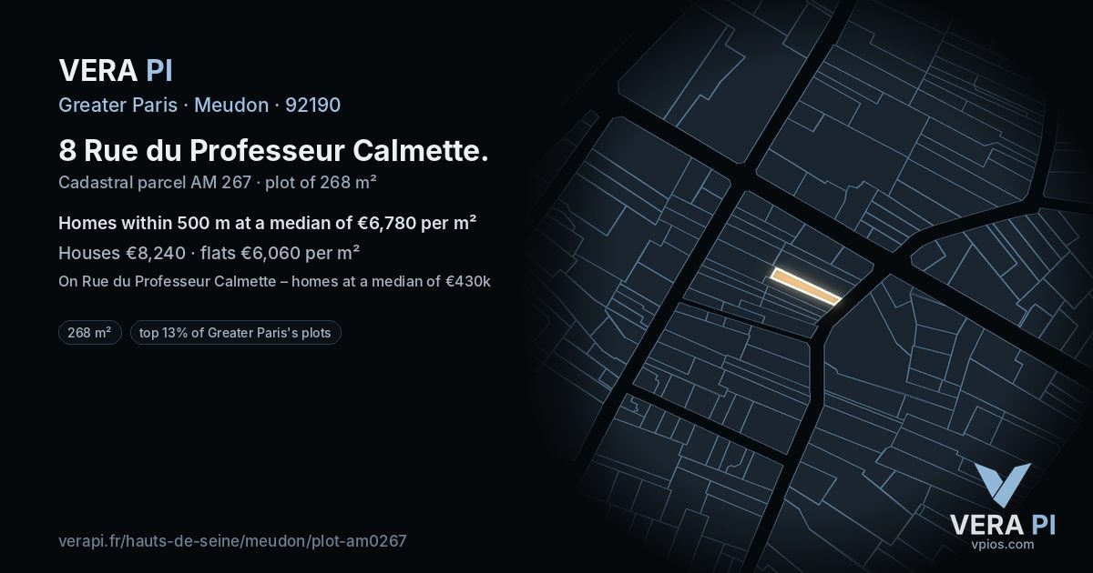 8 Rue du Professeur Calmette, Meudon at night – the plot lit, the parcels around coloured by the prices near them