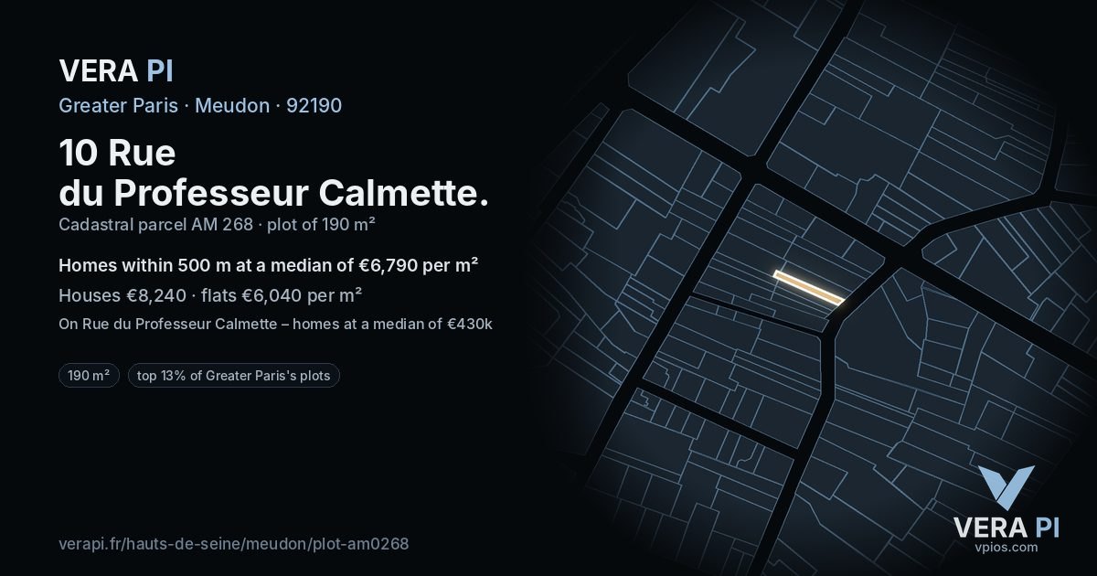10 Rue du Professeur Calmette, Meudon at night – the plot lit, the parcels around coloured by the prices near them