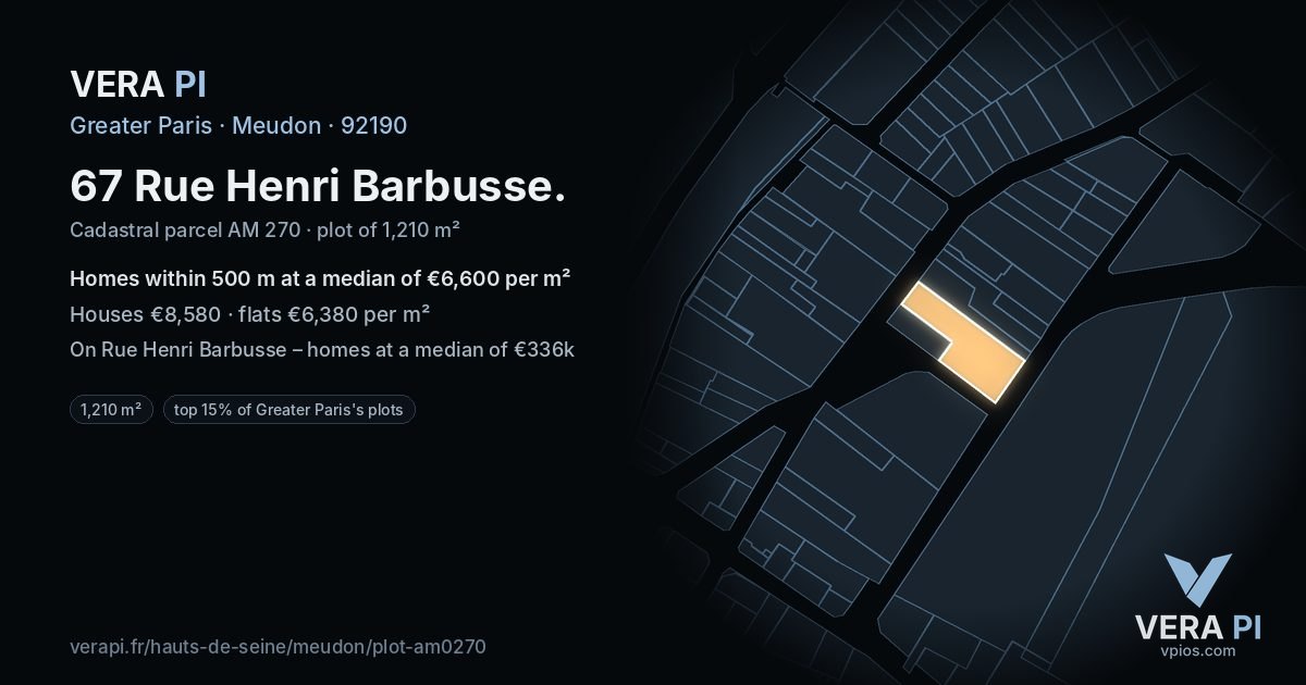 67 Rue Henri Barbusse, Meudon at night – the plot lit, the parcels around coloured by the prices near them