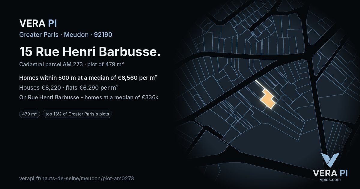 15 Rue Henri Barbusse, Meudon at night – the plot lit, the parcels around coloured by the prices near them