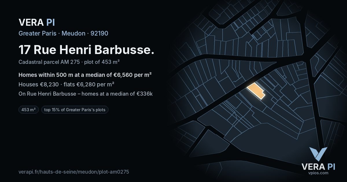 17 Rue Henri Barbusse, Meudon at night – the plot lit, the parcels around coloured by the prices near them