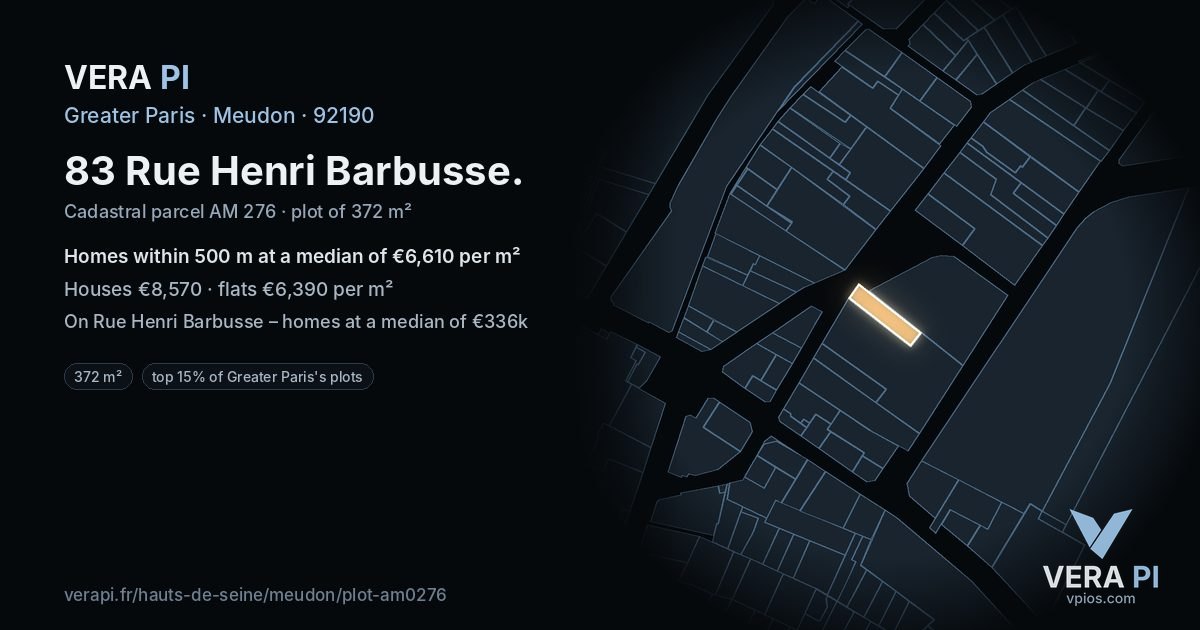 83 Rue Henri Barbusse, Meudon at night – the plot lit, the parcels around coloured by the prices near them