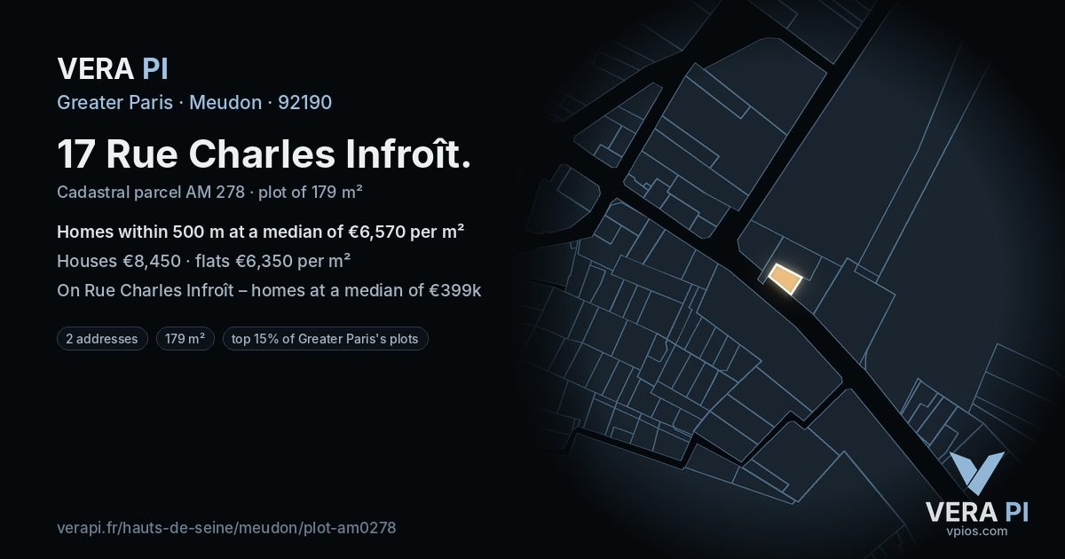 17 Rue Charles Infroît, Meudon at night – the plot lit, the parcels around coloured by the prices near them