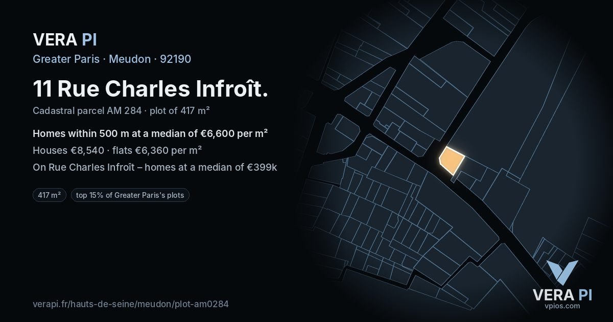 11 Rue Charles Infroît, Meudon at night – the plot lit, the parcels around coloured by the prices near them
