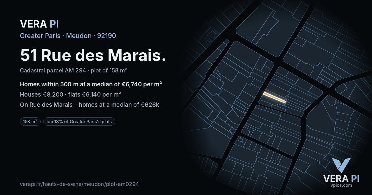 51 Rue des Marais, Meudon at night – the plot lit, the parcels around coloured by the prices near them