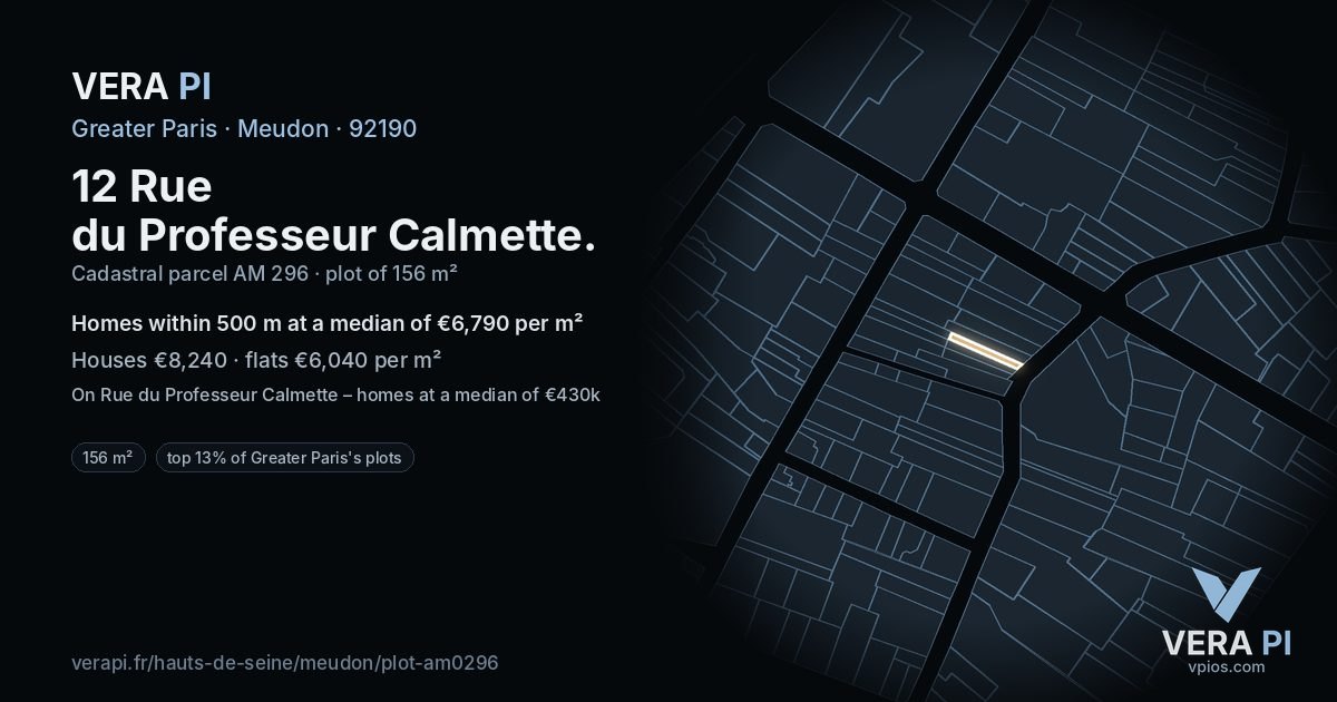 12 Rue du Professeur Calmette, Meudon at night – the plot lit, the parcels around coloured by the prices near them