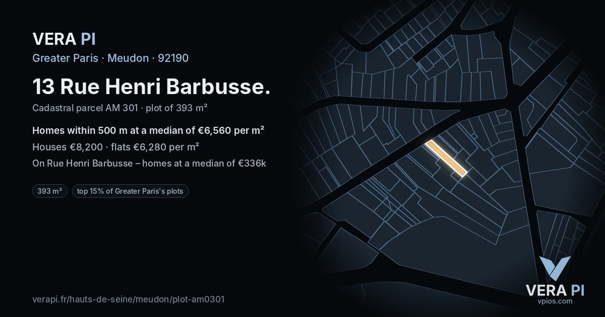 13 Rue Henri Barbusse, Meudon at night – the plot lit, the parcels around coloured by the prices near them