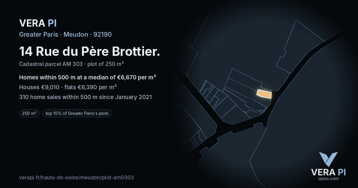 14 Rue du Père Brottier, Meudon at night – the plot lit, the parcels around coloured by the prices near them