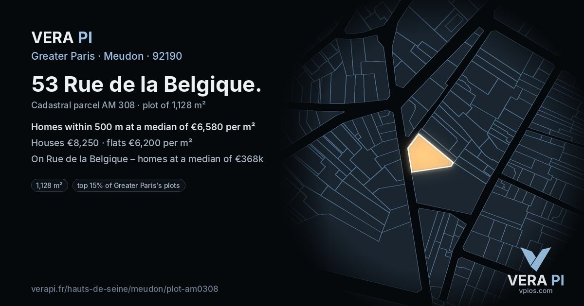 53 Rue de la Belgique, Meudon at night – the plot lit, the parcels around coloured by the prices near them
