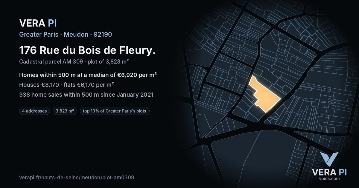 176 Rue du Bois de Fleury, Meudon at night – the plot lit, the parcels around coloured by the prices near them