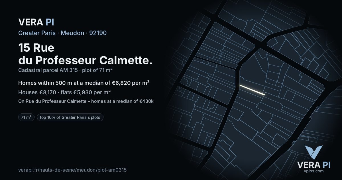 15 Rue du Professeur Calmette, Meudon at night – the plot lit, the parcels around coloured by the prices near them