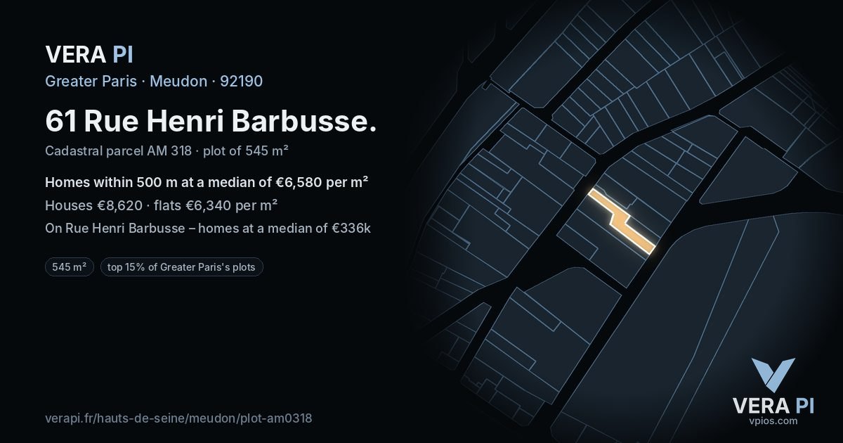 61 Rue Henri Barbusse, Meudon at night – the plot lit, the parcels around coloured by the prices near them