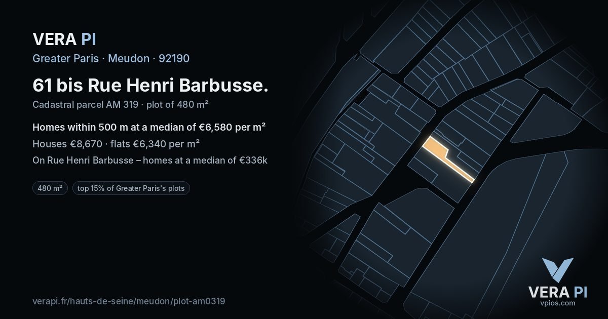 61 bis Rue Henri Barbusse, Meudon at night – the plot lit, the parcels around coloured by the prices near them