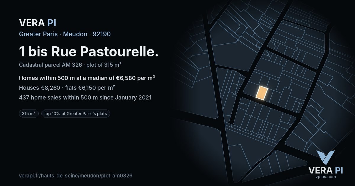 1 bis Rue Pastourelle, Meudon at night – the plot lit, the parcels around coloured by the prices near them