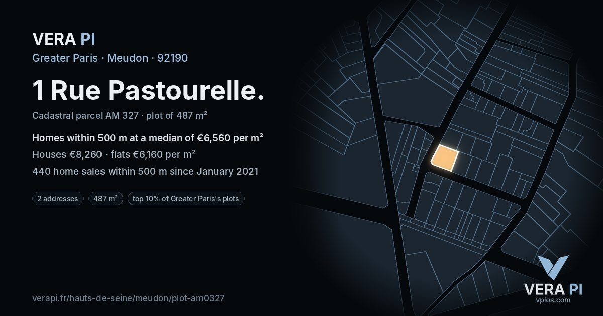 1 Rue Pastourelle, Meudon at night – the plot lit, the parcels around coloured by the prices near them