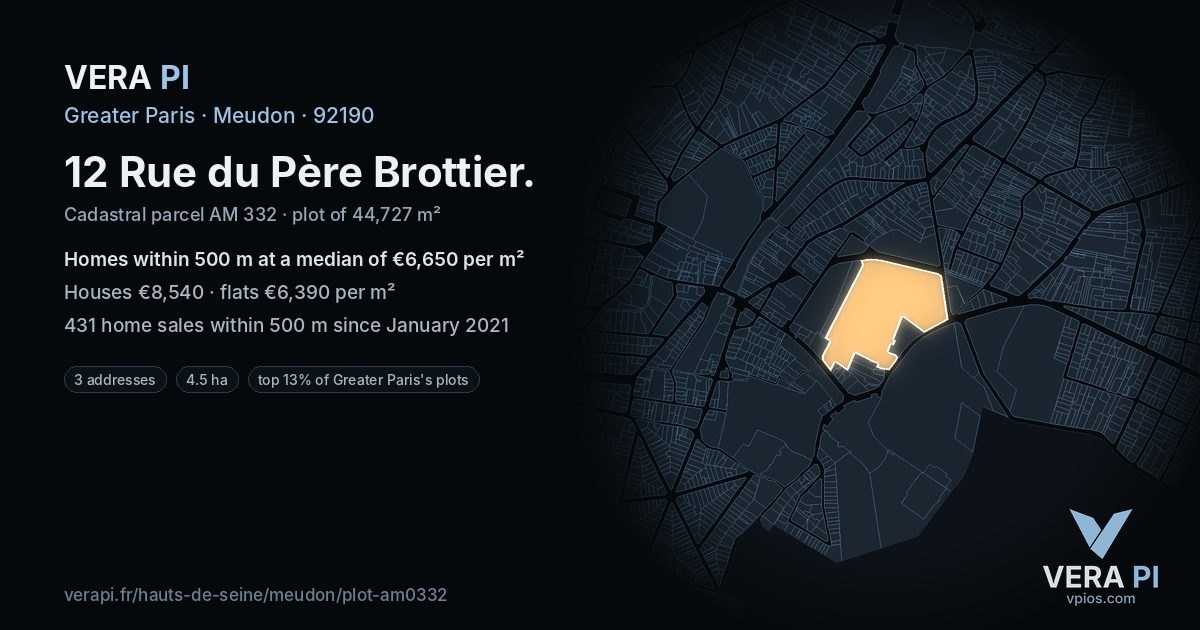 12 Rue du Père Brottier, Meudon at night – the plot lit, the parcels around coloured by the prices near them