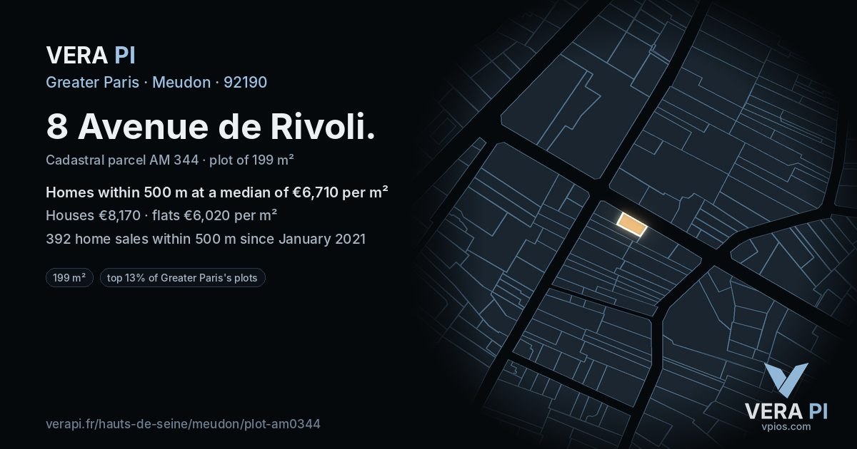 8 Avenue de Rivoli, Meudon at night – the plot lit, the parcels around coloured by the prices near them