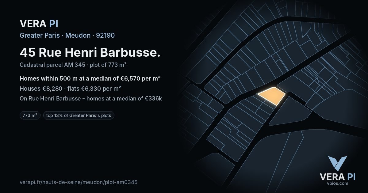45 Rue Henri Barbusse, Meudon at night – the plot lit, the parcels around coloured by the prices near them