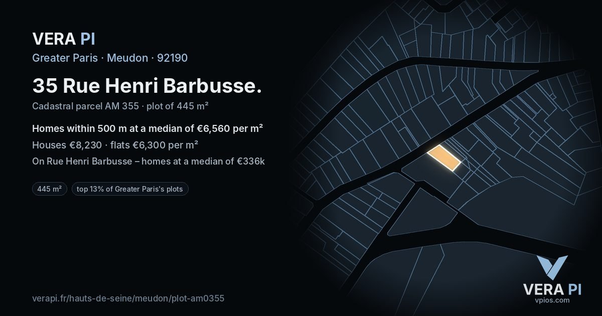 35 Rue Henri Barbusse, Meudon at night – the plot lit, the parcels around coloured by the prices near them