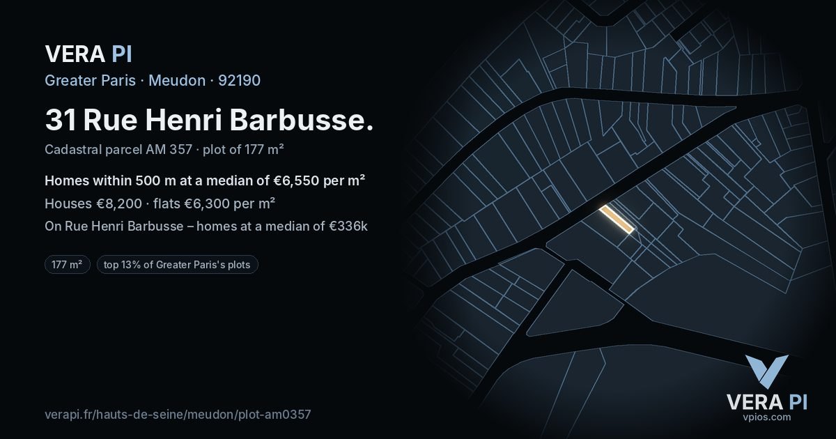 31 Rue Henri Barbusse, Meudon at night – the plot lit, the parcels around coloured by the prices near them