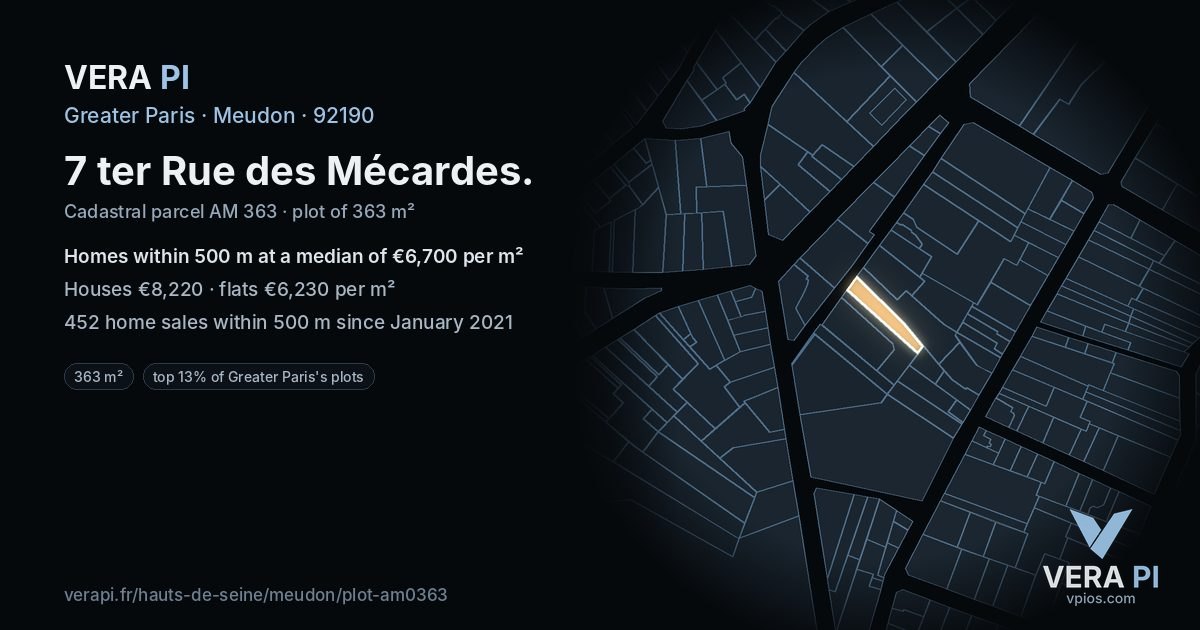 7 ter Rue des Mécardes, Meudon at night – the plot lit, the parcels around coloured by the prices near them