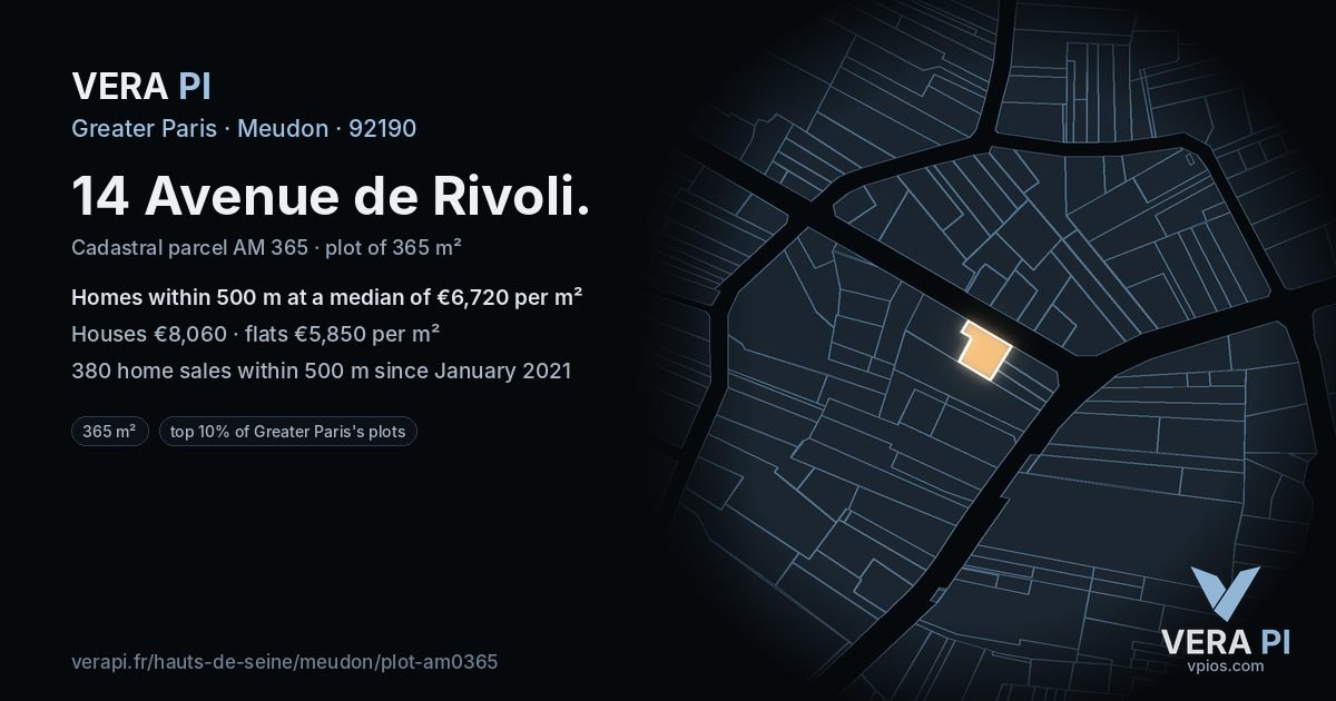 14 Avenue de Rivoli, Meudon at night – the plot lit, the parcels around coloured by the prices near them