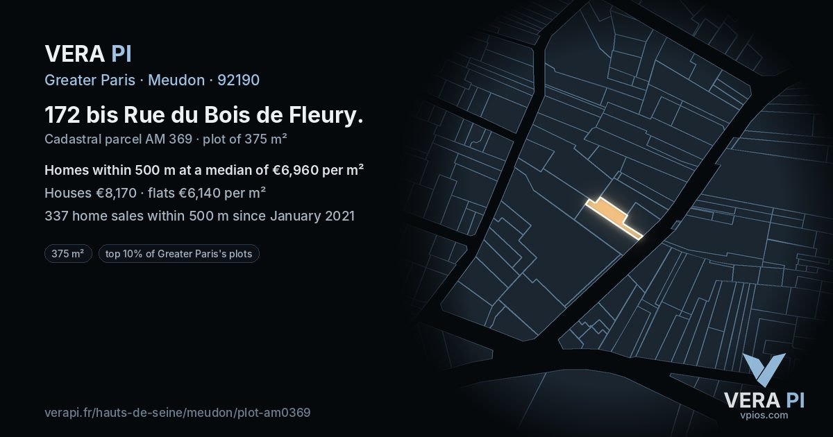 172 bis Rue du Bois de Fleury, Meudon at night – the plot lit, the parcels around coloured by the prices near them