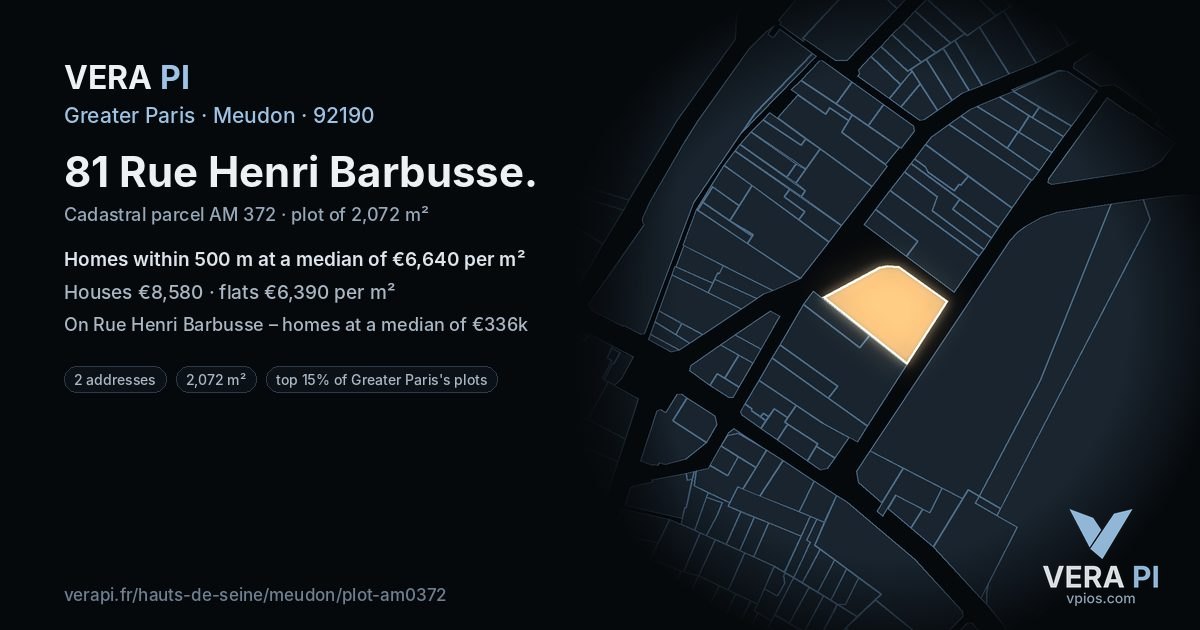 81 Rue Henri Barbusse, Meudon at night – the plot lit, the parcels around coloured by the prices near them