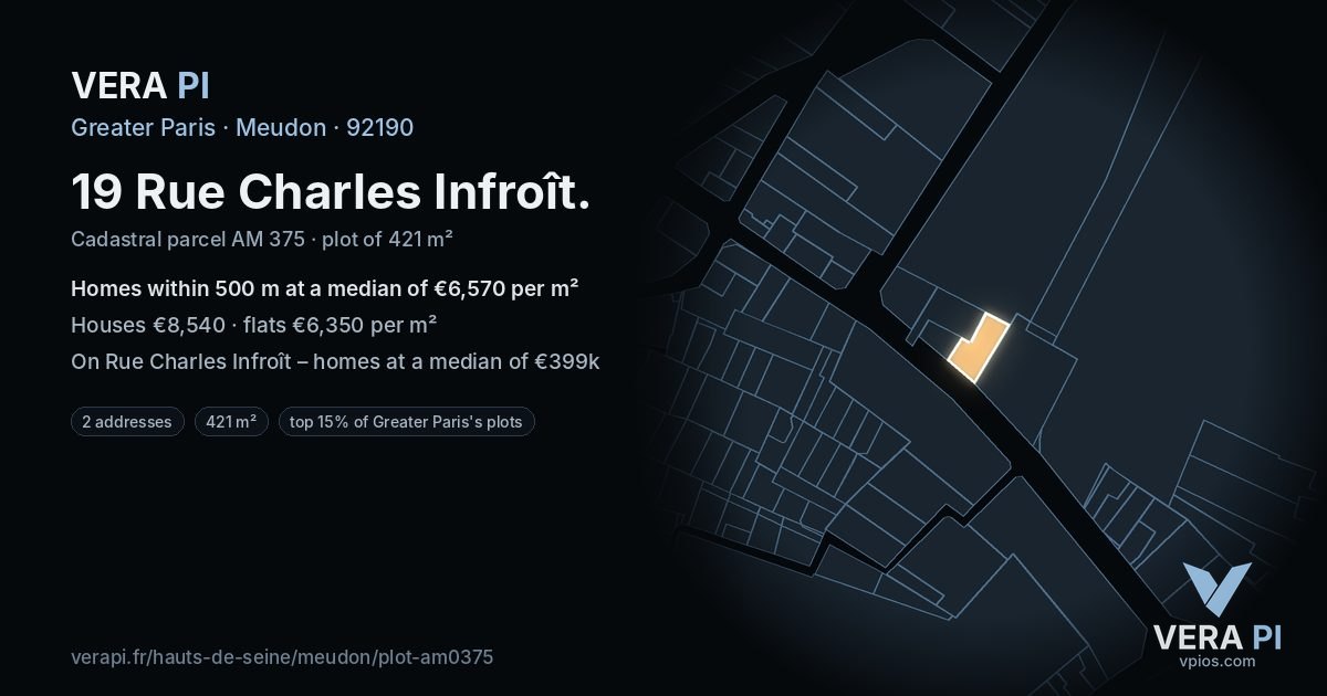 19 Rue Charles Infroît, Meudon at night – the plot lit, the parcels around coloured by the prices near them