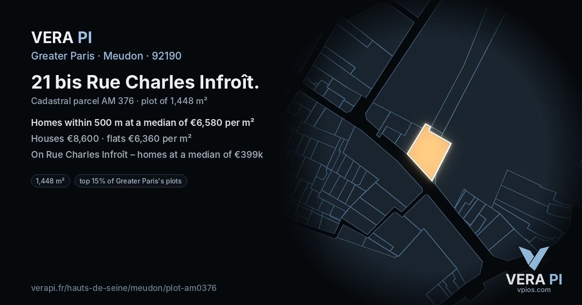 21 bis Rue Charles Infroît, Meudon at night – the plot lit, the parcels around coloured by the prices near them