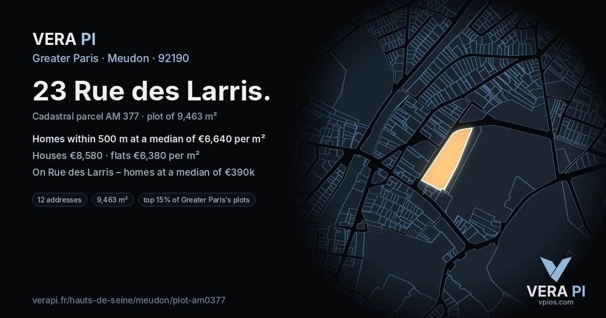 23 Rue des Larris, Meudon at night – the plot lit, the parcels around coloured by the prices near them